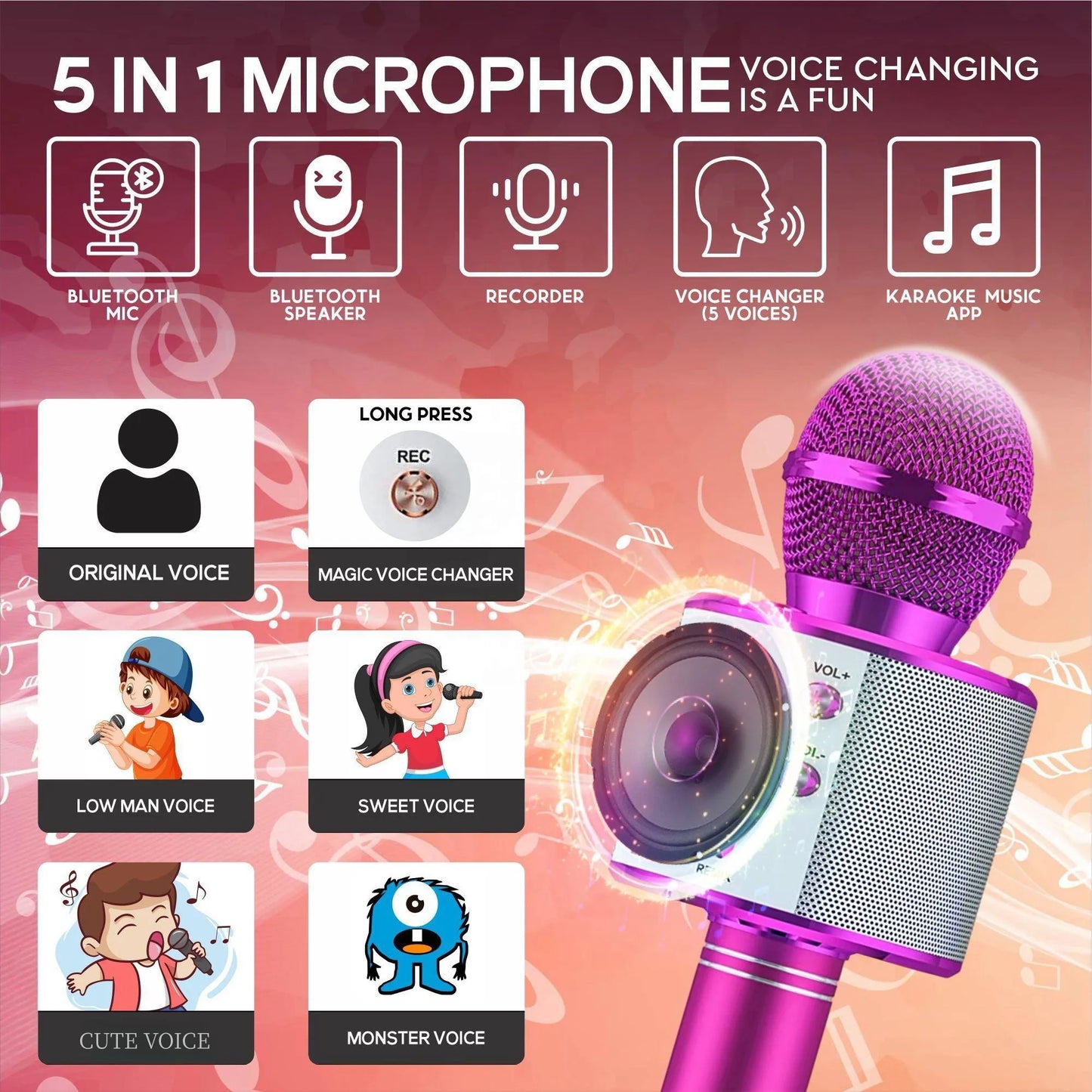 Wireless Karaoke Microphone , Bluetooth Speaker, Multi-Function Controls 5-In-1  Handheld Mic  For Party, Great Birthday Gift