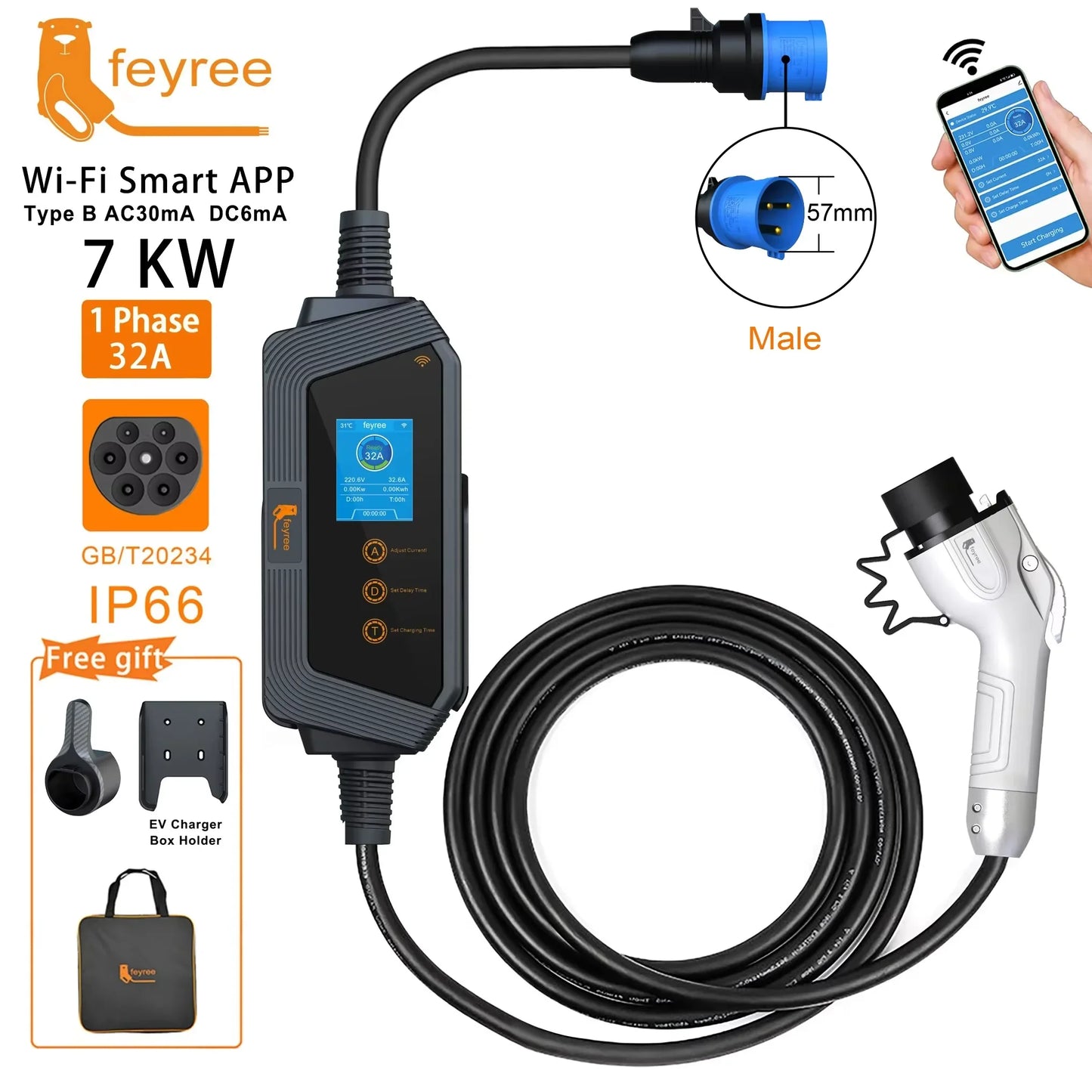 feyree Type2 / Type1 / GBT / TS-NACS Socket 32A 7KW 1 Phase Smart APP Wi-Fi Control for Home & Outdoor Use