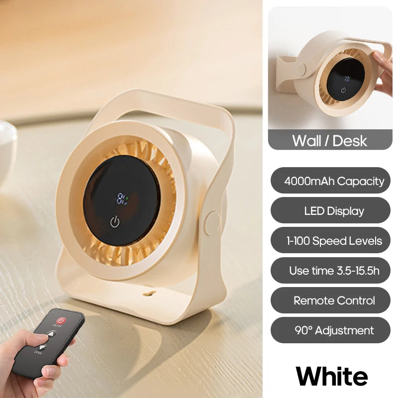 4000mAh Outdoor Desktop Fan Angle Adjustable 100 Speeds Wall Mount Portable Fan With Remote Control and Touch Screen Cooling Fan