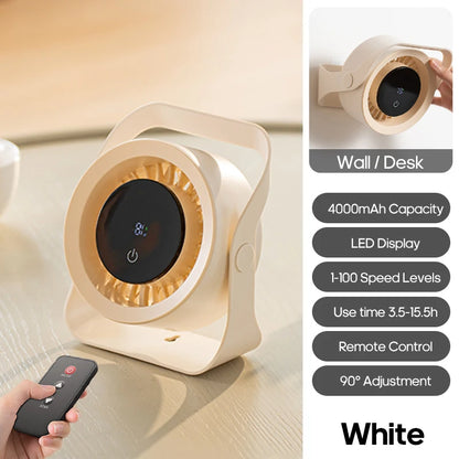 4000mAh Outdoor Desktop Fan Angle Adjustable 100 Speeds Wall Mount Portable Fan With Remote Control and Touch Screen Cooling Fan