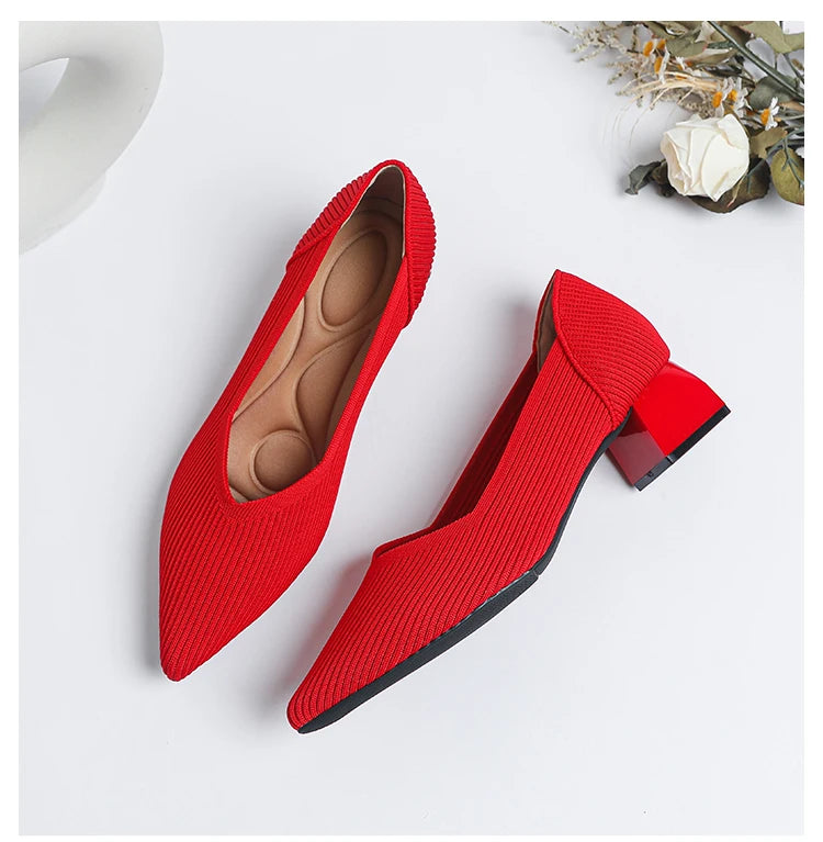 2025 New Women's High Heels Large 42/43 Fashion Pointed Anti slip Rubber Bottom Knitted Breathable Shoes