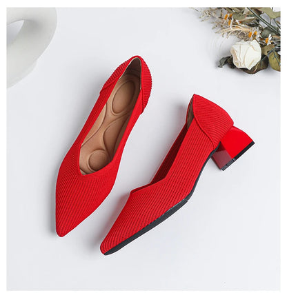 2025 New Women's High Heels Large 42/43 Fashion Pointed Anti slip Rubber Bottom Knitted Breathable Shoes