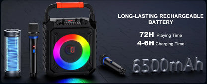 Karaoke Machine with 2 Wireless Microphones, Portable Speaker with LED Lights for Kids and Adults, Supports Bluetooth/USB/TF/AUX