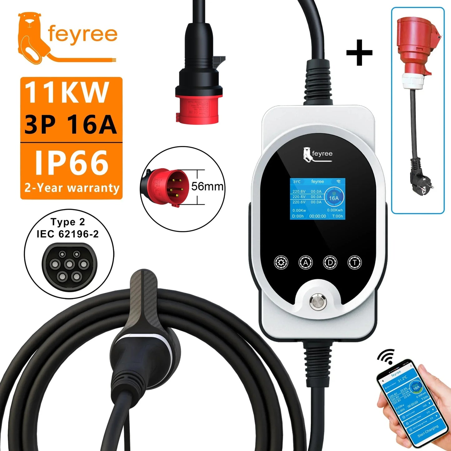 feyree Type2 11KW EVSE Wallbox EV Portable Charger 16A 3Phase Wi-Fi Smart APP Control Charging Station for Electric Car Charger