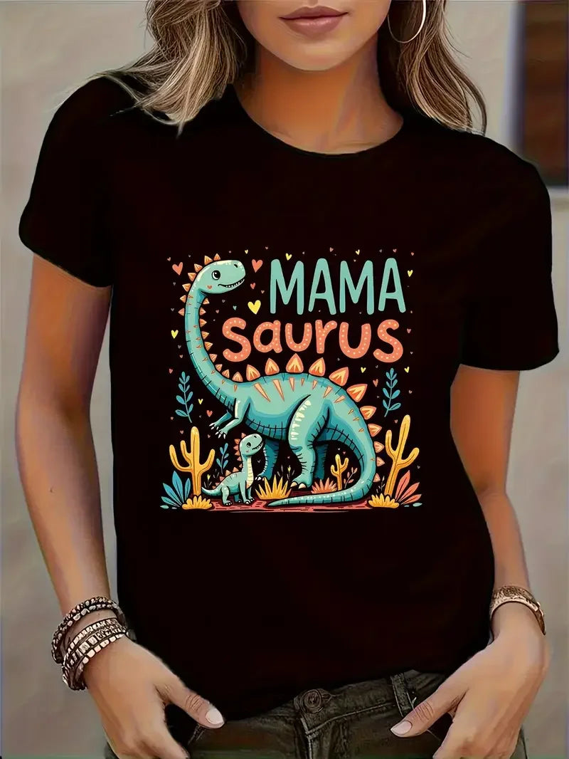 Funny MamaSaurus T-Rex Dinosaur Mom T-Shirt Retro Vintage Tee Soft Crew Neck Short Sleeve Shirt - Mother's Day Gifts for Women