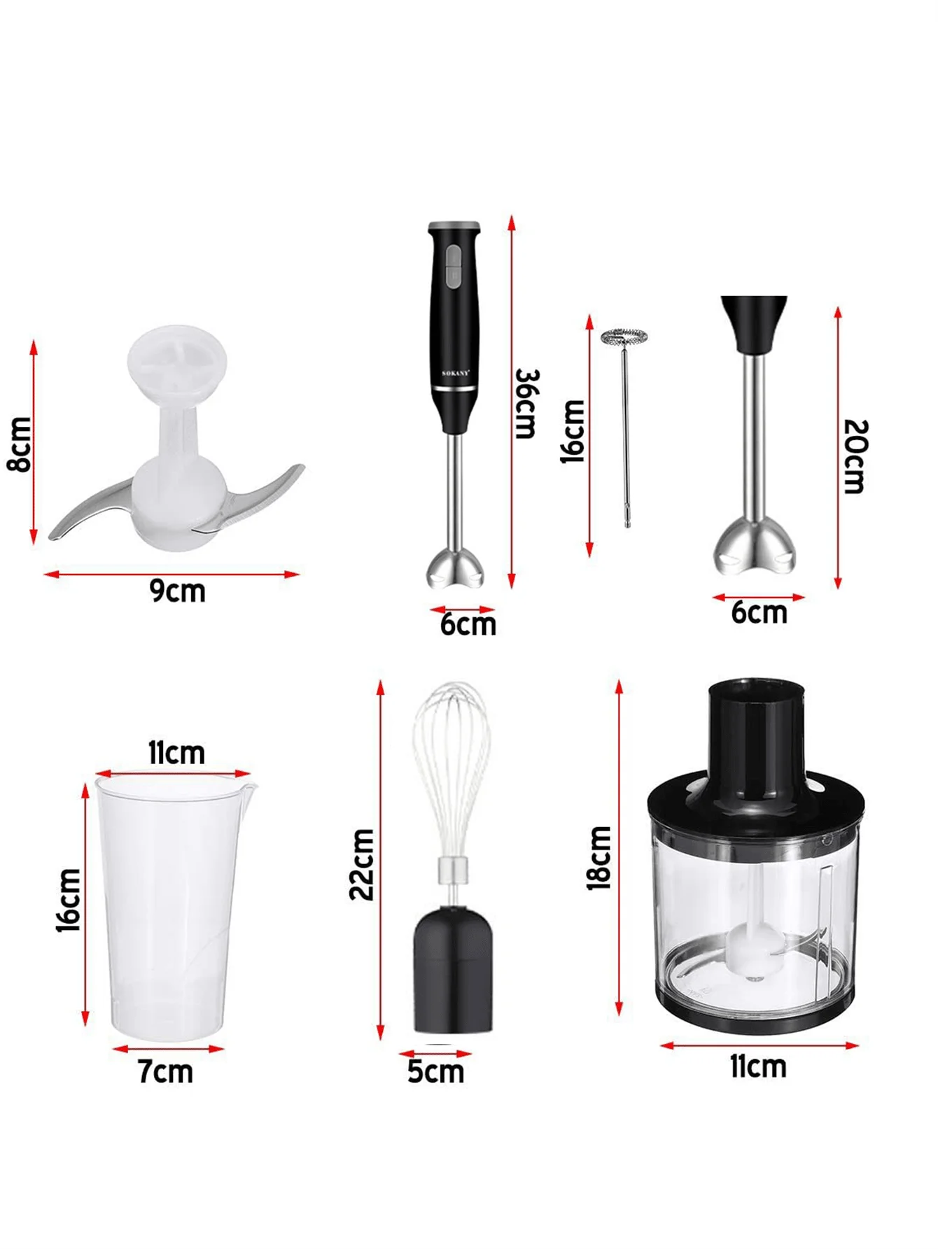 SOKANY 1714 Immersion Hand Blender, 2-Speed, 5-in-1, Hand Mixer, Whisk, Meat Chopper, Measuring Cup