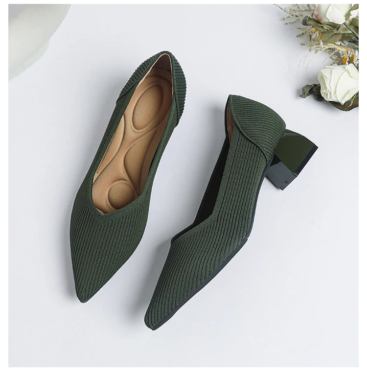 2025 New Women's High Heels Large 42/43 Fashion Pointed Anti slip Rubber Bottom Knitted Breathable Shoes