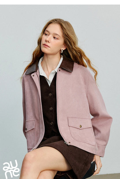 TOYOUTH Women Jacket coat 2025 Autumn New Vingtage Barn Style Suede Leather Patchwork Collar Jacket Brown