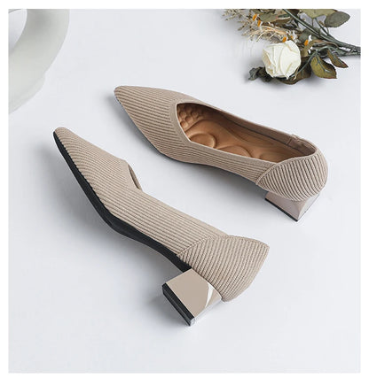 2025 New Women's High Heels Large 42/43 Fashion Pointed Anti slip Rubber Bottom Knitted Breathable Shoes