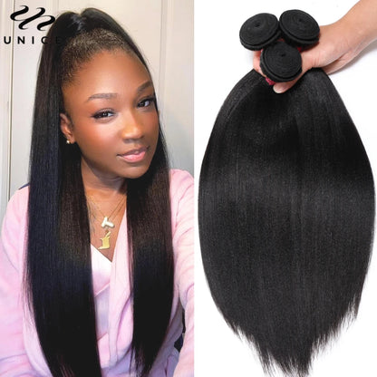Unice Hair Yaki Straight Hair Bundles 1/3/4 PCS Bundles 100% Human Hair Sew In Quick Weaves Hair Extensions 100G Per Bundle