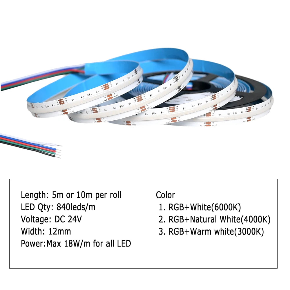 5M 10M 20M COB RGBW RGBWW LED Strip 24V Flexible Color Changing Dimmable Room Liner Light Home Decor 2.4G RF Remote Control Kit