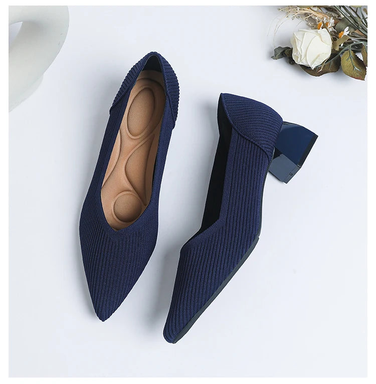 2025 New Women's High Heels Large 42/43 Fashion Pointed Anti slip Rubber Bottom Knitted Breathable Shoes