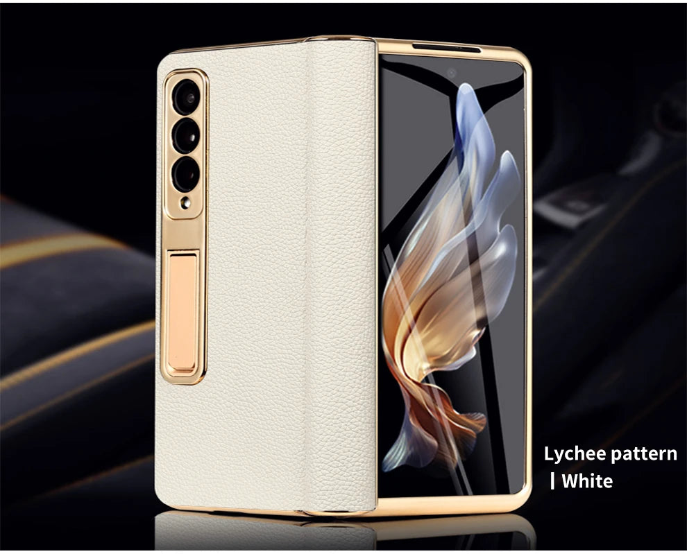 LANGSIDI Leather Case for Samsung Galaxy Z Fold 6 5 4 3 Fold6 Fold5 Gold Plating Magnetic Hinge Stand Cover with Mirror Film