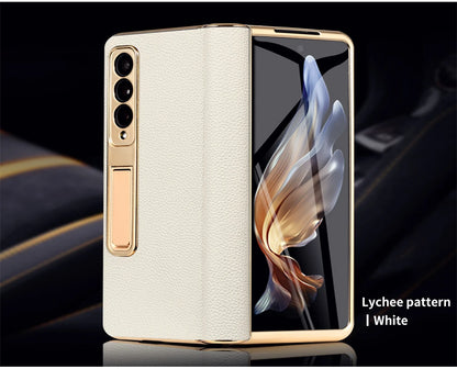 LANGSIDI Leather Case for Samsung Galaxy Z Fold 6 5 4 3 Fold6 Fold5 Gold Plating Magnetic Hinge Stand Cover with Mirror Film