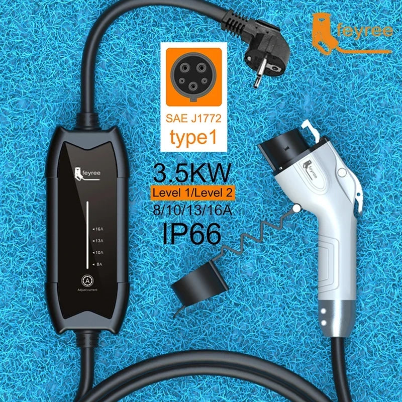 feyree EV Charger Type2 16A 3.5KW 1Phase GB/T / Type1 Current Adjustable 3.5m Cable Portable Charging Box for Electric Vehicle