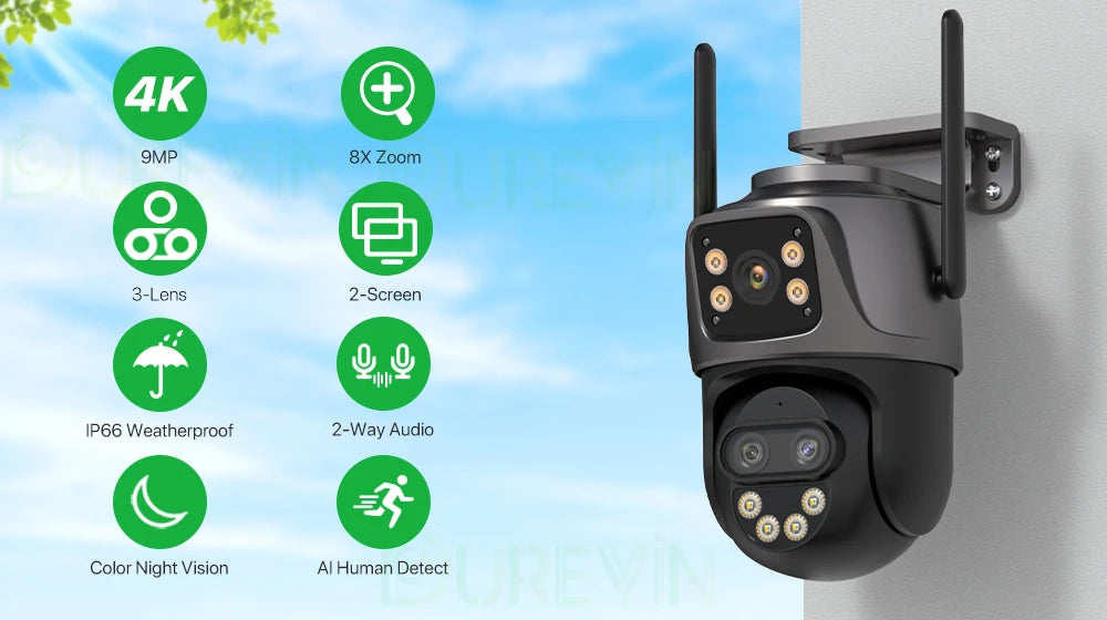 6K 9MP HD IP Camera Outdoor Three-Lens External WiFi Camera 4K/2K Dual Screen Security PTZ Cam Auto Tracking Surveillance iCSee