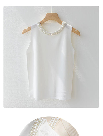 Korea Knitted Vests Women Top Solid Tank Blusas Mujer De Moda Summer New Fashion Female Sleeveless Beading Casual Thin Tops