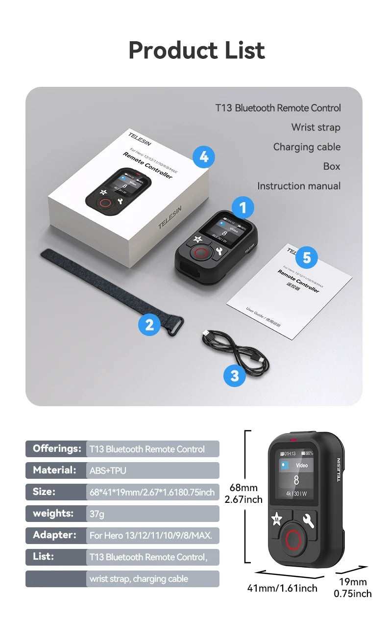 TELESIN Waterproof Bluetooth Remote Control For GoPro Hero 13 12 11 10 9 8 Max With Wrist Strap For Action Camera Accessories