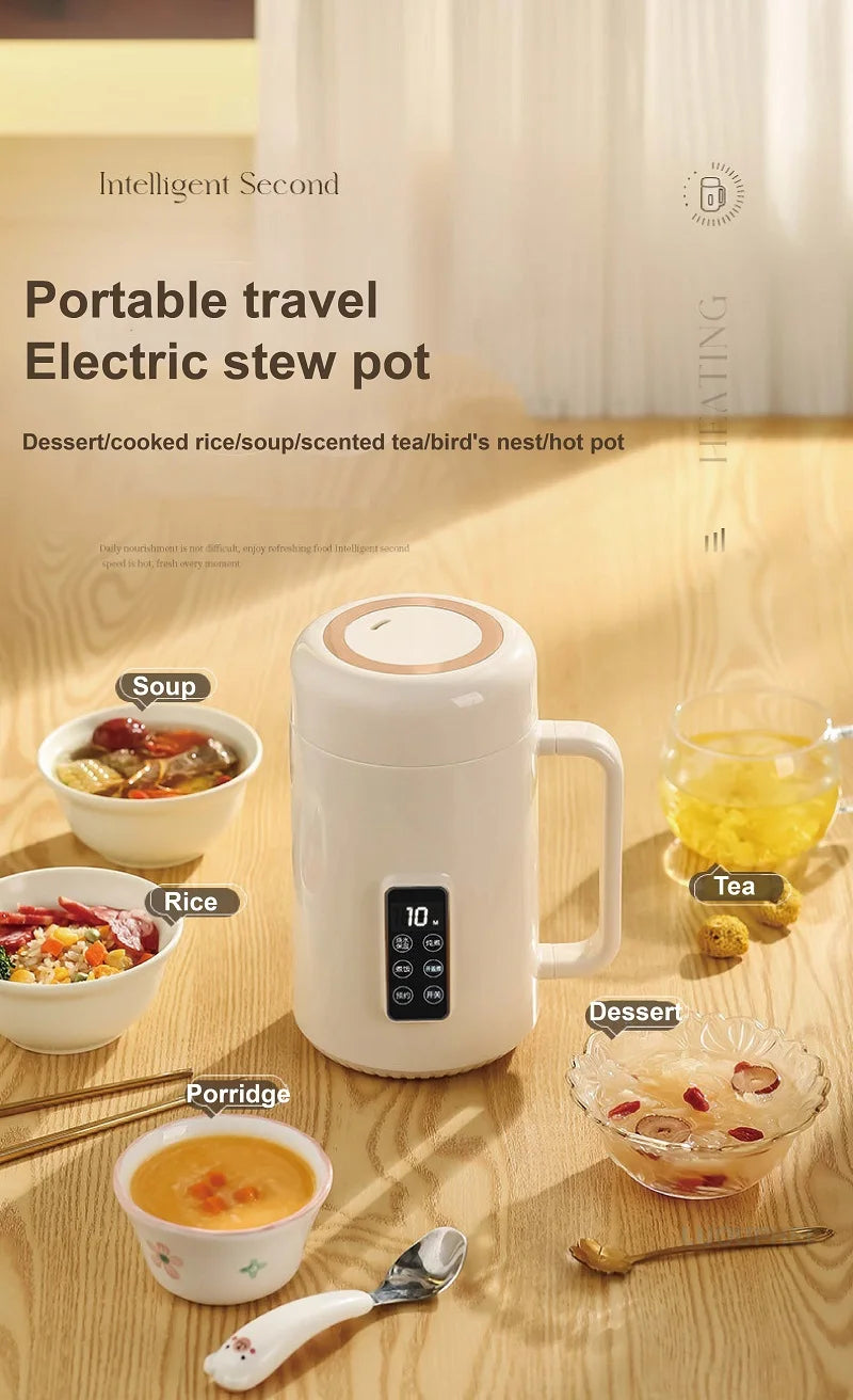 500W Electric Kettle 12h Appointment Porridge Special Pot Portable 304 Stainless Steel Health Cup Multifunctional Rice Cooker 1L