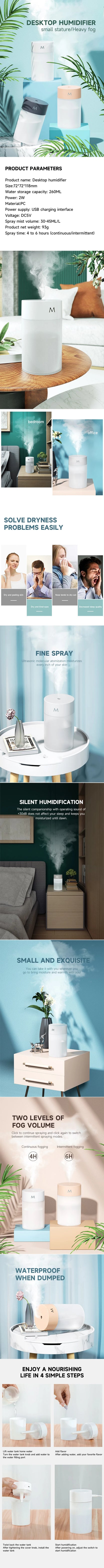 260ml Aroma Diffuser USB Smart Ultrasonic Air Humidifier Desktop Mute Essential Oil Diffuser Atomizer with LED Lamp for Home Car