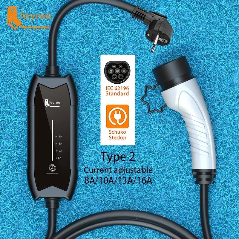 feyree EV Charger Type2 16A 3.5KW 1Phase GB/T / Type1 Current Adjustable 3.5m Cable Portable Charging Box for Electric Vehicle