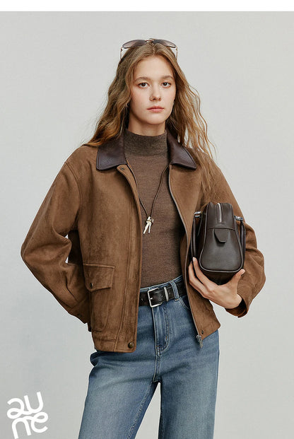 TOYOUTH Women Jacket coat 2025 Autumn New Vingtage Barn Style Suede Leather Patchwork Collar Jacket Brown