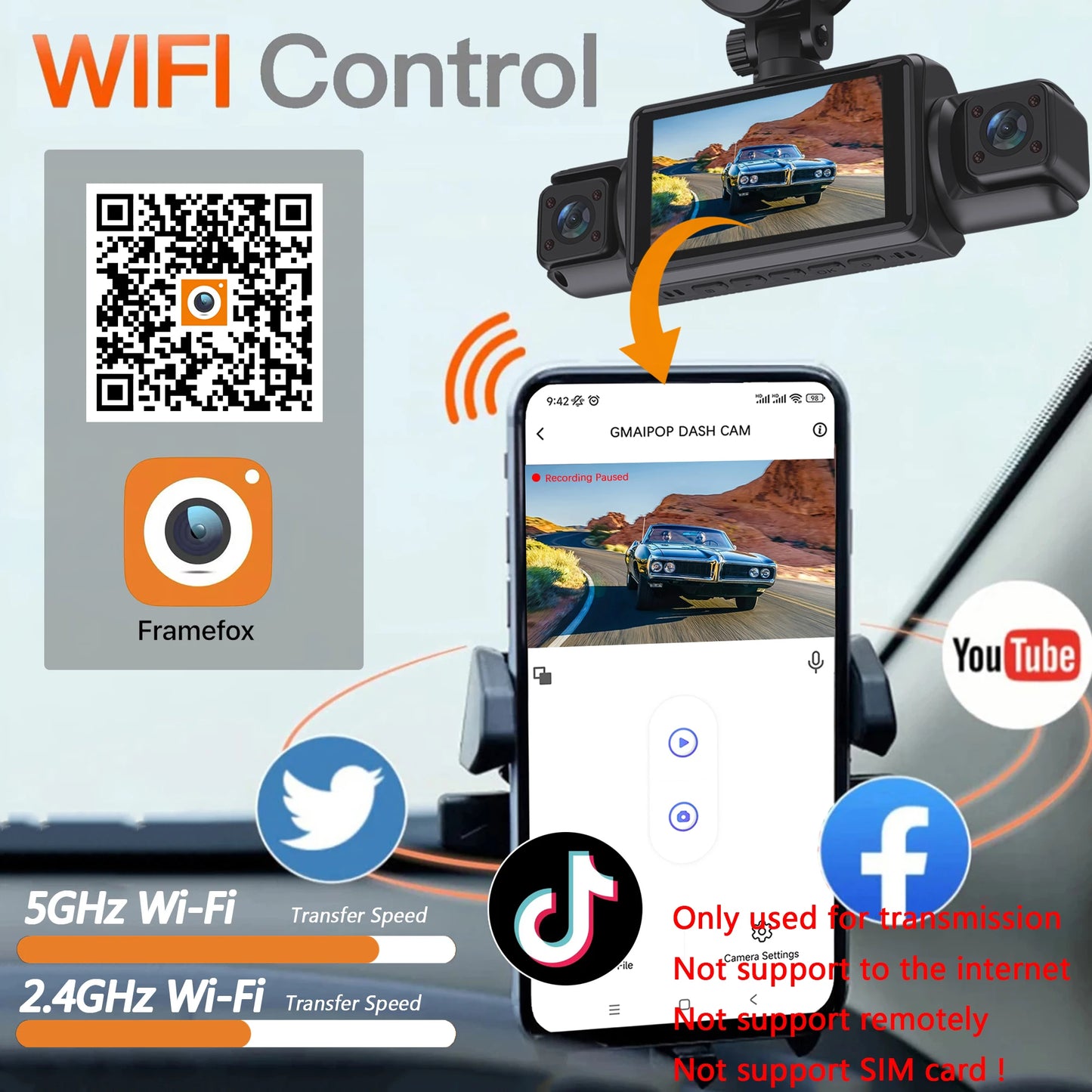 4Ch WiFi Dashcam car camera Black Box Driving DVR FHD 1080P Front Left Right Rear Night Vision Loop Recording Hardwire kit