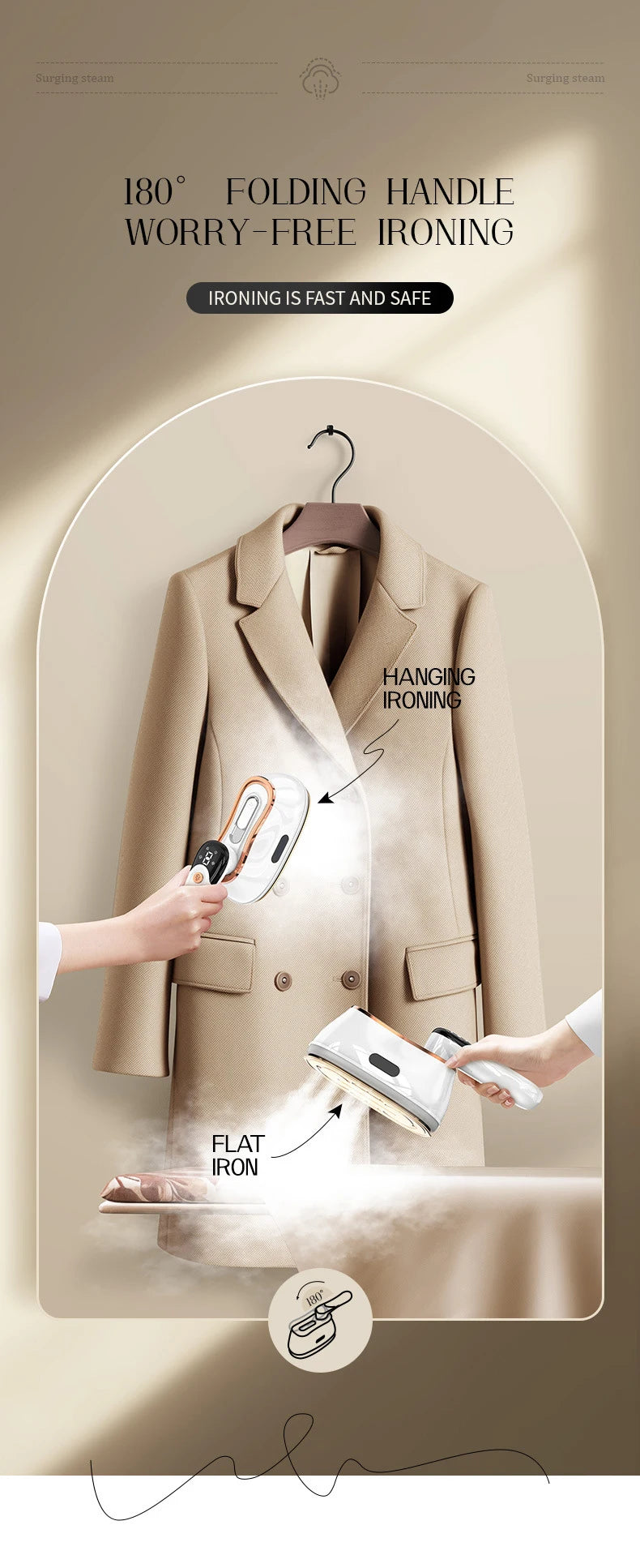 110V/220V Handheld Steam Iron Foldable Garment Steamer 1200W Power Portable 4 Speed Steamer Touch Screen Rotary Electric Iron