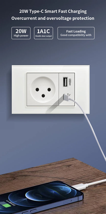DELEFU White Retardant PC Israel USB Type C Fast Charging Wall Socket Light Tuya Wifi Smart Switch Sat TV Tel Doorbell Curtain