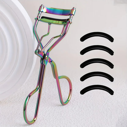 1 portable eyelash curler with 5 silicone pads, stainless steel eyelash curler, permanently shaping big eyes.