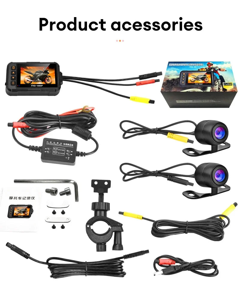 3 Inch Motorcycle Dashcam Waterproof Motorcycle Camera DVR Front 720P & Rear 480P Camera Video Loop Recorder Black Night Vision