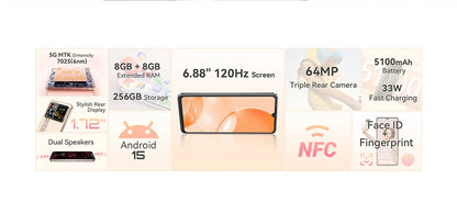 Smartphone 5G Cubot X100, Android 15, Dimensity 7025, 6nm, 2.5GHz,6.88-inch Screen,16GB(8+8),256GB, 64MP Camera, 5100mAh Battery