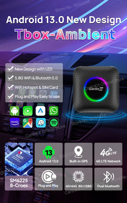 2025  CarlinKit CarPlay AI Box Android 13.0 SM6225 QCM6125 Android Auto Wireless CarPlay Adapter 2.4+5GGPS 64G 128G FOTA Upgrade