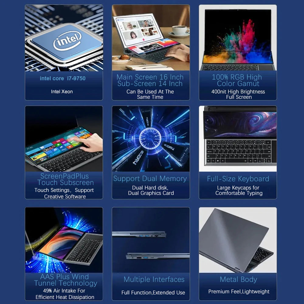CRELANDER Double Screen Laptop intel core  i7-9750 Generation Windows 11 Touch Screen Gamer Laptop PC Portable Notebook Compu