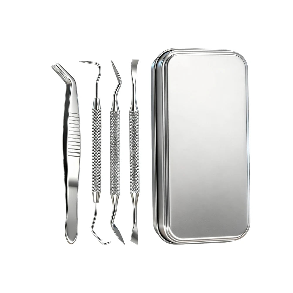 5PCS Mini Dental Oral Care Tool Set Cleaning Calculus Remover Tooth Stains And Tartar Stainless Steel Kit With Box Tweezers