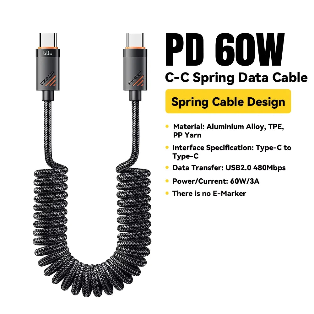 Essager Car Spring Type C Cable  For iPhone 16 15 Xiaomi Samsung 100W PD Fast Charging For Macbook iPad Type C to Type C Cable