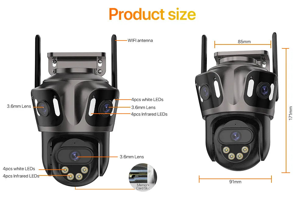 Three Screen WIFI IP Camera Outdoor 4K Dual Lens PTZ Camera Ai Human Detection IP66 Waterproof CCTV Video Security Camera iCsee