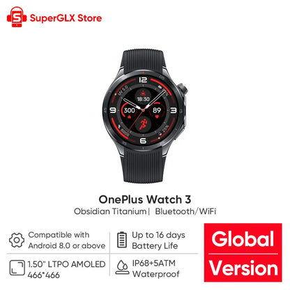 2025 New OnePlus Watch 3 Global Version Smart Watch 1.50 inches AMOLED 32GB Memory Snapdragon W5 Wear OS by Google NFC IP68 5ATM