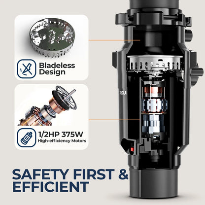 Continuous Feed Garbage Disposal with Sound Reduction,1/2 HP Food Waste Disposer with Stainless Steel Grinding System