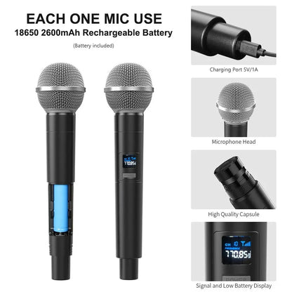 2.4G Wireless Microphone 2 Channels UHF Handheld Microphone Mic Rechargeable Microphone for Karaoke Live Wedding Party Meeting