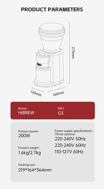 HiBREW Coffee Mill Automatic Electric Coffee Grinder with 31 Gears for Espresso American Coffee Pour Over Visual Bean Storage G3
