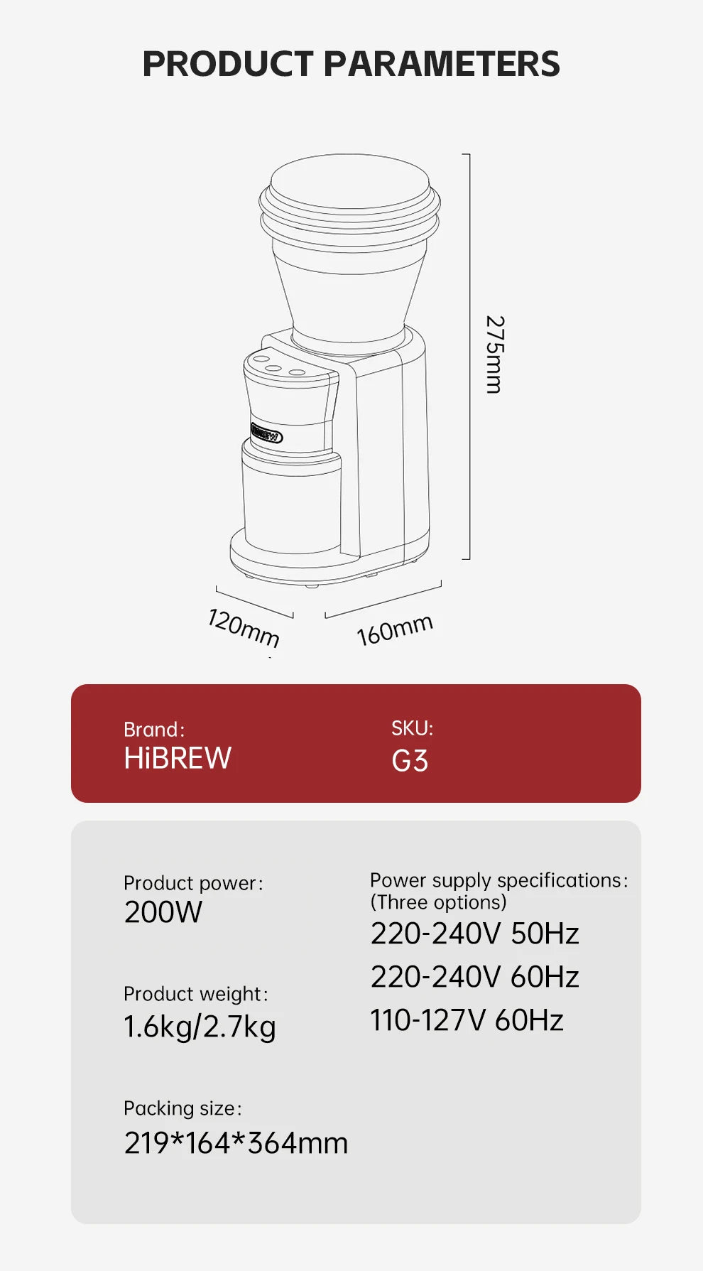 HiBREW Coffee Mill Automatic Electric Coffee Grinder with 31 Gears for Espresso American Coffee Pour Over Visual Bean Storage G3