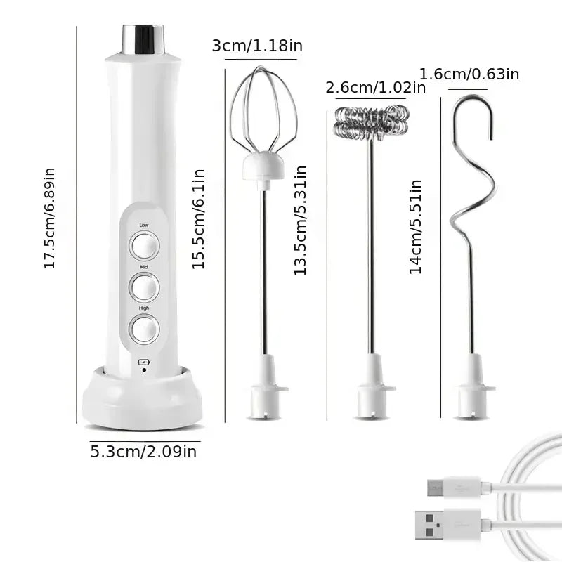 Wireless Rechargeable Electric Milk Frother - 3 Speeds, Handheld Foam Maker for Latte, Cappuccino, Hot Chocolate - USB Rechargea