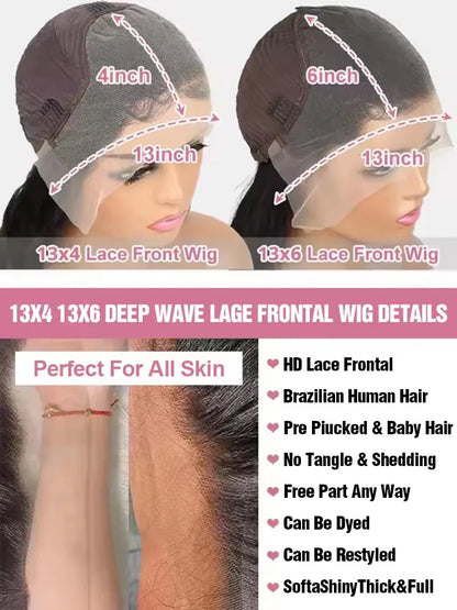 40 46 Inch 13x4 13x6 HD Deep Wave Lace Frontal Wig Brazilian Loose Water Curly Lace Front Human Hair Wigs For Women 300% Density
