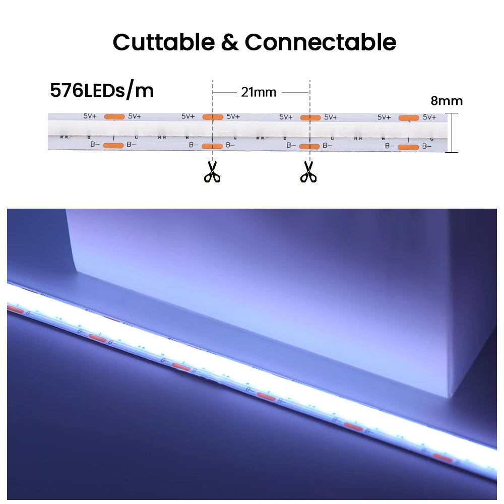 5V USB RGB COB LED Strip Light Bluetooth APP Control Music Sync 576LEDs/m High Density Flexible Ribbon RGB Tape TV Backlight