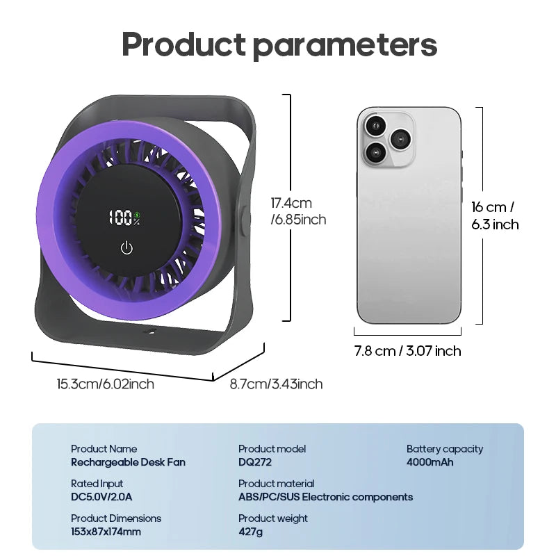 4000mAh Outdoor Desktop Fan Angle Adjustable 100 Speeds Wall Mount Portable Fan With Remote Control and Touch Screen Cooling Fan