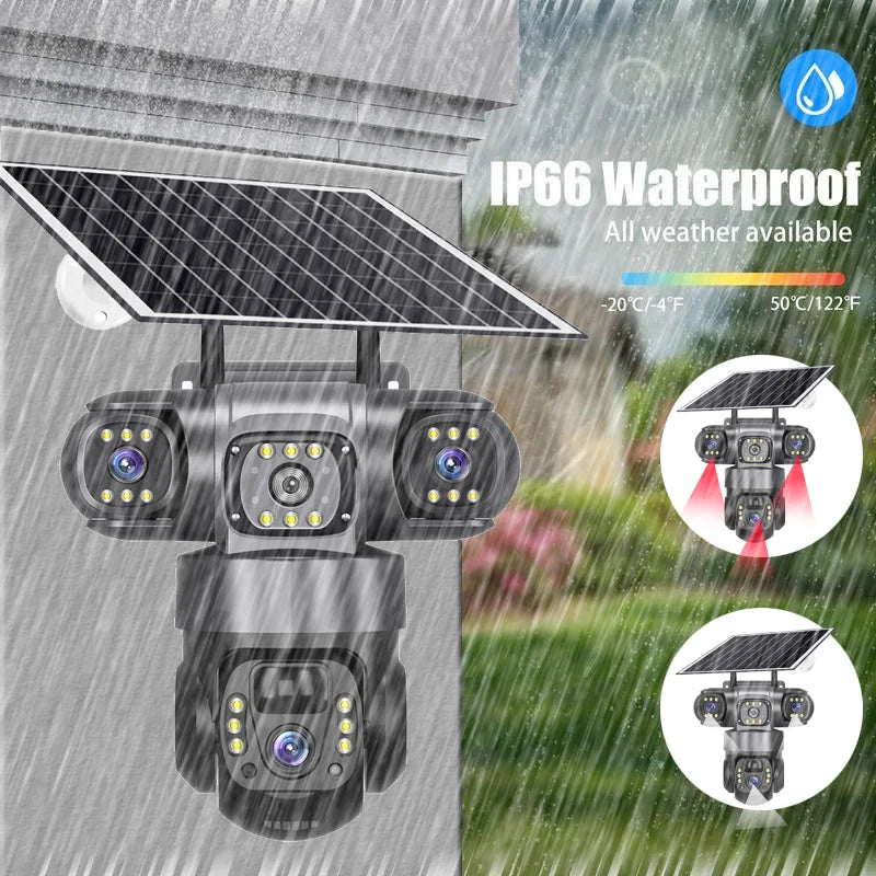 Solar Camera 4G Sim Outdoor 3 Lens 3 Screen 10X Zoom PIR Human Detect Cameras Waterproof Night Vision CCTV Security Protection