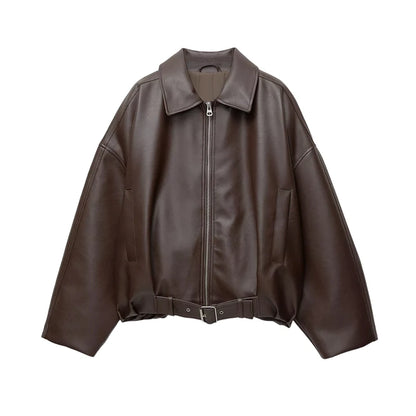 Vintage PU Leather Bomber Jackets 2025 Autumn New Ladies Zipper Lapel Long Sleeve Pocket Coat With Belt Women's Loose Streetwear