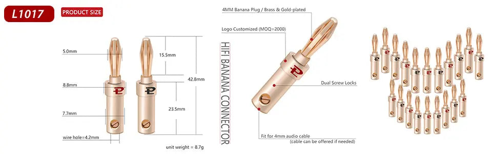 20pcs/10pairs BANANA PLUGS 24K Gold-plated 4MM Banana Connector with Screw Lock For Audio Jack Speaker Plugs Black&Red
