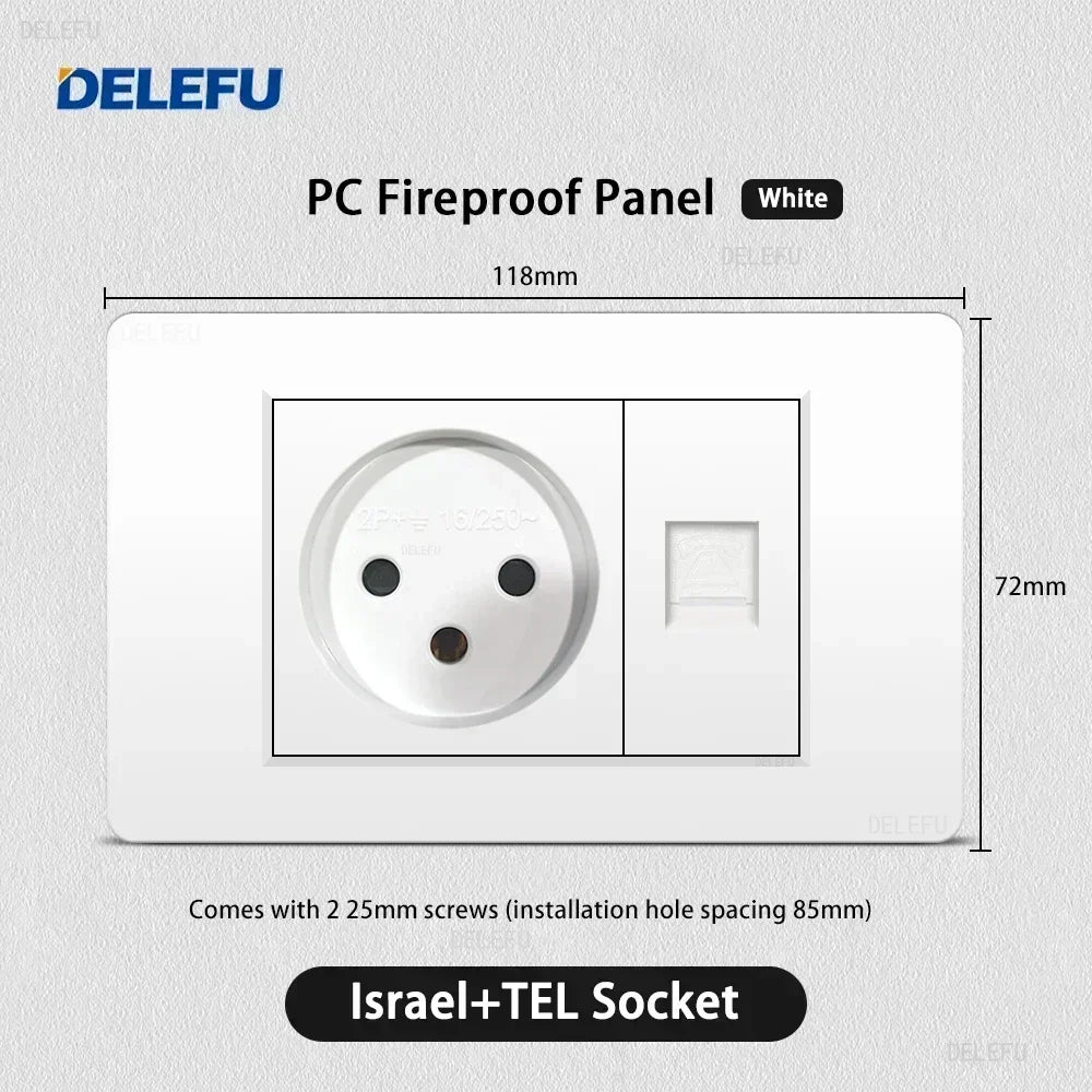 DELEFU White Retardant PC Israel USB Type C Fast Charging Wall Socket Light Tuya Wifi Smart Switch Sat TV Tel Doorbell Curtain